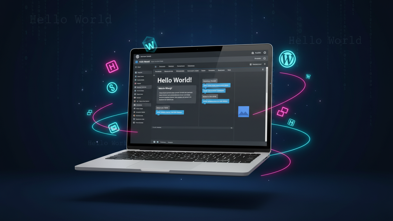 Hello World post displayed in the WordPress Gutenberg editor on a laptop screen with glowing code elements and WordPress blocks
