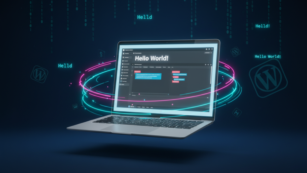 Hello world -wordpress-gutenberg Hello World post displayed in the WordPress Gutenberg editor on a laptop screen with glowing code elements and WordPress blocks